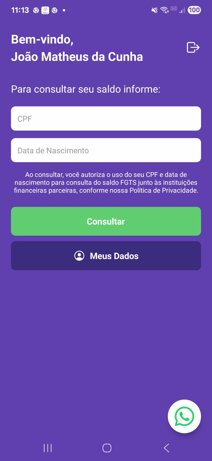 Tela de acesso Meus Dados